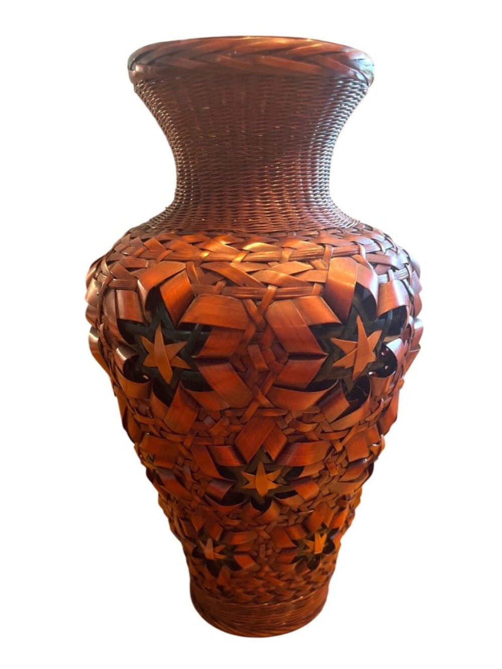 Vintage Japanese Ikebana Rattan Vase With Star-Shaped Woven Pattern Ceramic Inse